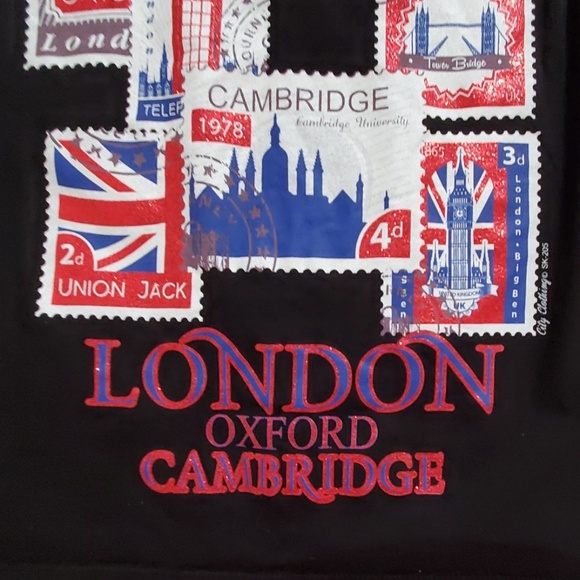 UK London multicolor scenic stamp landmark graphics black cap sleeve tee XS SM - Picture 3 of 8